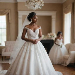 A black bride appearing anxious and stressed, pacing around in her wedding gown, in a beautifully decorated room with echoes of wedding preparations in the background