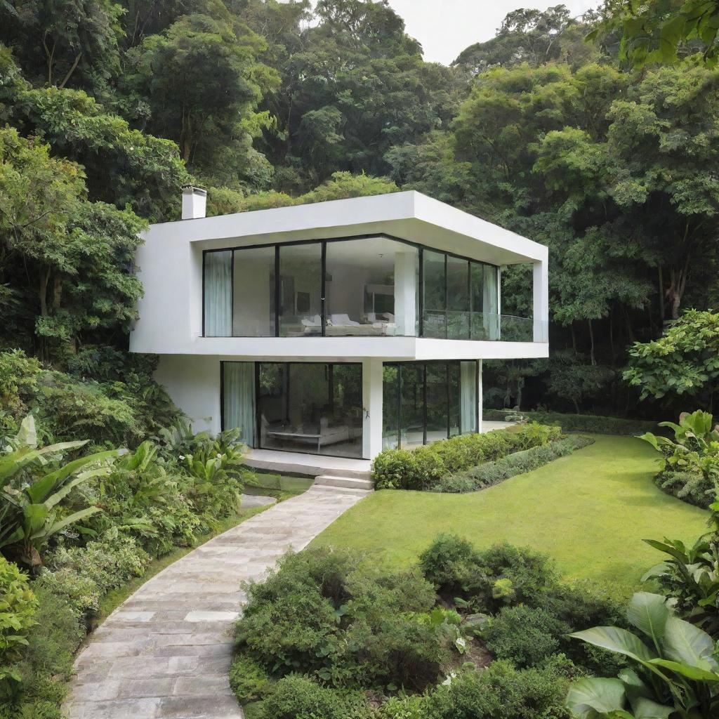 A healthy and pristine house surrounded by lush greenery and clear, clean air