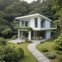 A healthy and pristine house surrounded by lush greenery and clear, clean air