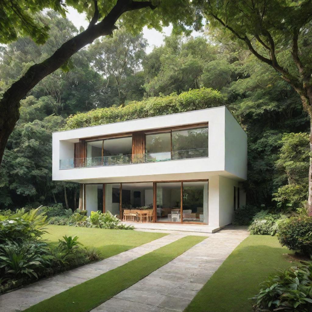 A healthy and pristine house surrounded by lush greenery and clear, clean air