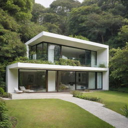 A healthy and pristine house surrounded by lush greenery and clear, clean air