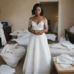 A black bride looking worried and stressed in her wedding attire, holding a scale in one hand and a wedding dress in the other, in a room filled with wedding preparation chaos