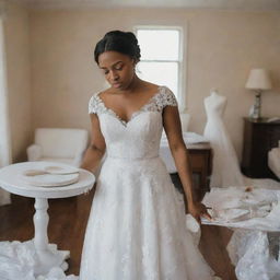 A black bride looking worried and stressed in her wedding attire, holding a scale in one hand and a wedding dress in the other, in a room filled with wedding preparation chaos