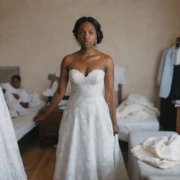 A black bride looking worried and stressed in her wedding attire, holding a scale in one hand and a wedding dress in the other, in a room filled with wedding preparation chaos