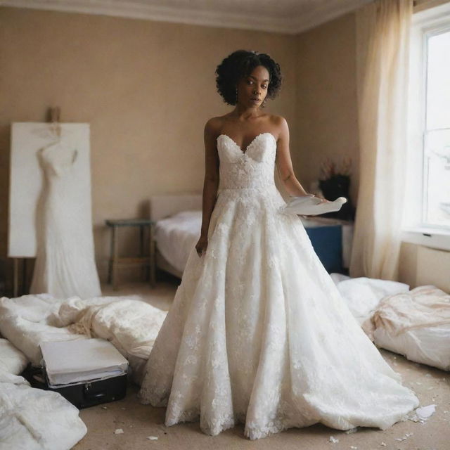 A black bride looking worried and stressed in her wedding attire, holding a scale in one hand and a wedding dress in the other, in a room filled with wedding preparation chaos