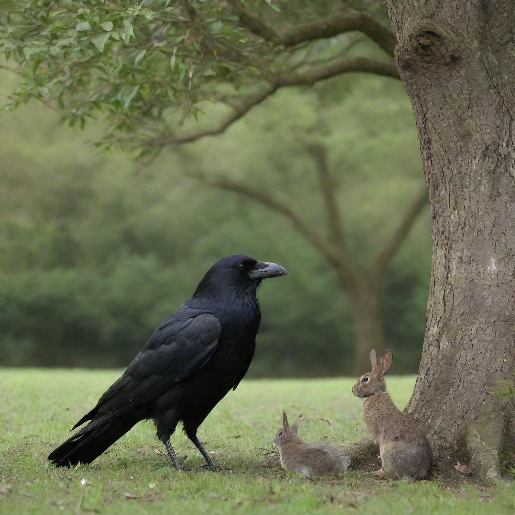 A wise old crow and a timid young rabbit meeting under a lush, broad tree.