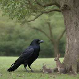 A wise old crow and a timid young rabbit meeting under a lush, broad tree.