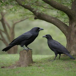 A wise old crow and a timid young rabbit meeting under a lush, broad tree.