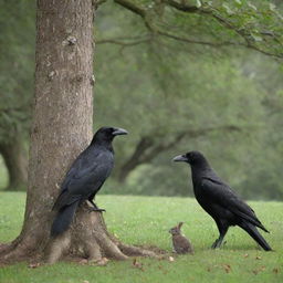 A wise old crow and a timid young rabbit meeting under a lush, broad tree.