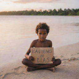 A young boy from Kavieng, Papua New Guinea, sitting alone on a serene beach. He's holding a handmade sign that says 'Kavieng em Bilas'. The setting sun casts a warm glow across the scene.