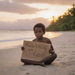 A young boy from Kavieng, Papua New Guinea, sitting alone on a serene beach. He's holding a handmade sign that says 'Kavieng em Bilas'. The setting sun casts a warm glow across the scene.