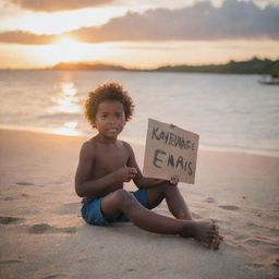 A young boy from Kavieng, Papua New Guinea, sitting alone on a serene beach. He's holding a handmade sign that says 'Kavieng em Bilas'. The setting sun casts a warm glow across the scene.