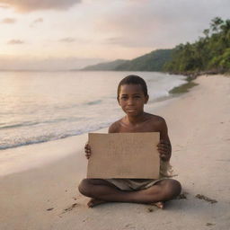 A young boy from Kavieng, Papua New Guinea, sitting alone on a serene beach. He's holding a handmade sign that says 'Kavieng em Bilas'. The setting sun casts a warm glow across the scene.