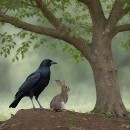 A wise old crow and a timid young rabbit meeting under an expansive, leafy tree.