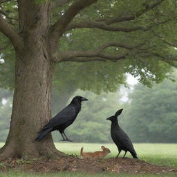 A wise old crow and a timid young rabbit meeting under an expansive, leafy tree.