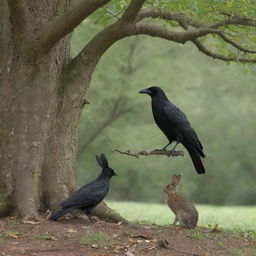 A wise old crow and a timid young rabbit meeting under an expansive, leafy tree.