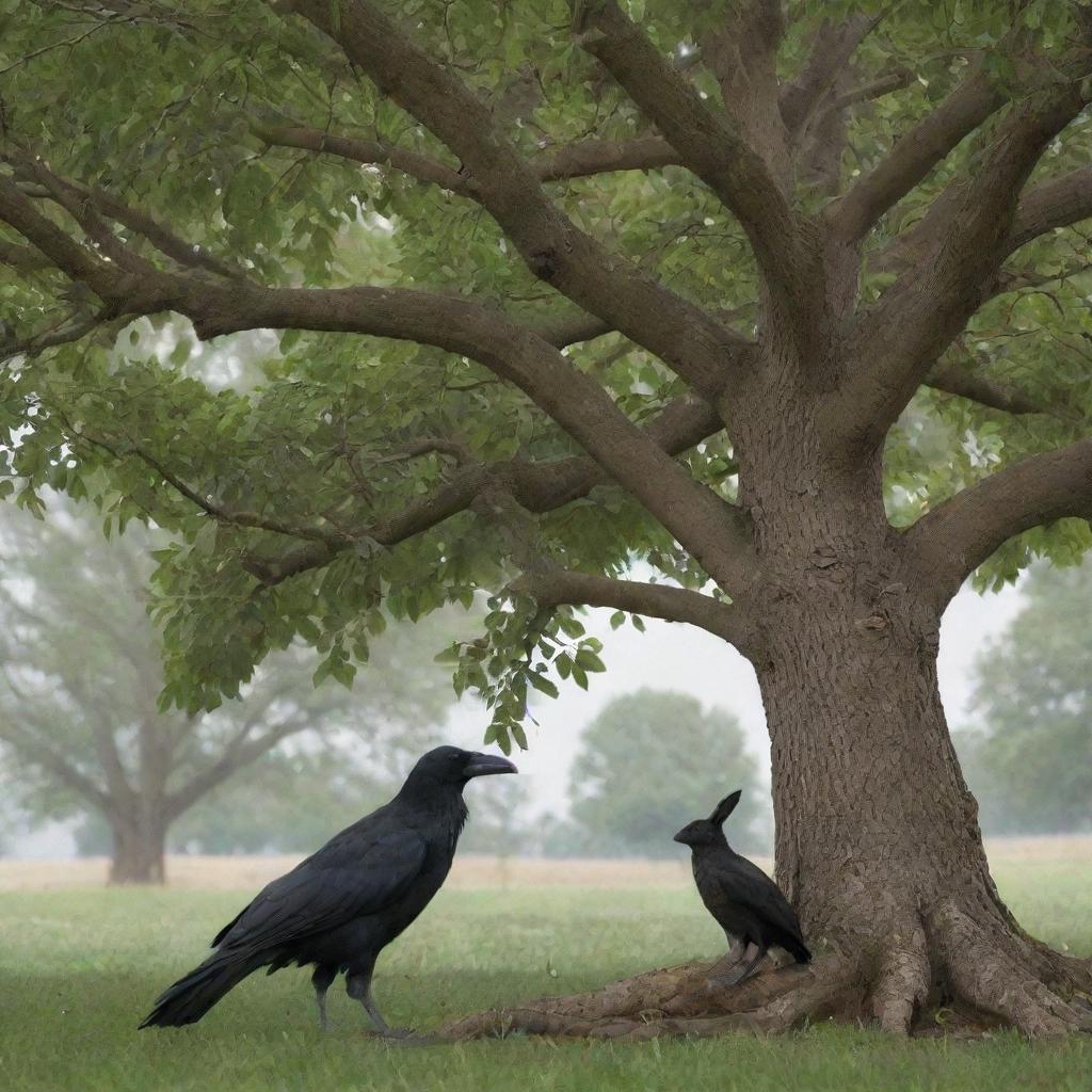 A wise old crow and a timid young rabbit meeting under an expansive, leafy tree.