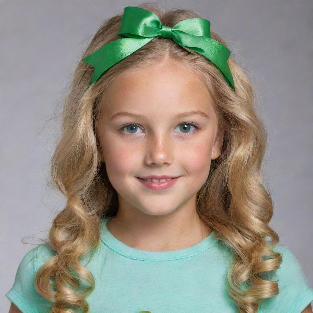 A young American girl with radiant blonde hair and vibrant green eyes, accessorized with a charming ribbon in her hair.