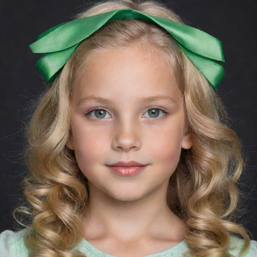 A young American girl with radiant blonde hair and vibrant green eyes, accessorized with a charming ribbon in her hair.