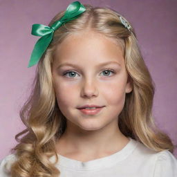 A young American girl with radiant blonde hair and vibrant green eyes, accessorized with a charming ribbon in her hair.