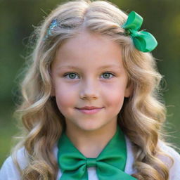 A young American girl with radiant blonde hair and vibrant green eyes, accessorized with a charming ribbon in her hair.