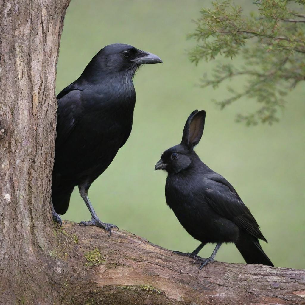 An age-old crow sharing a peaceful moment with a shy young rabbit under a rustic tree.