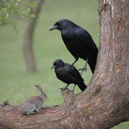 An age-old crow sharing a peaceful moment with a shy young rabbit under a rustic tree.