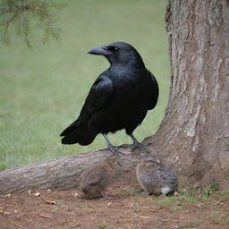 An age-old crow sharing a peaceful moment with a shy young rabbit under a rustic tree.