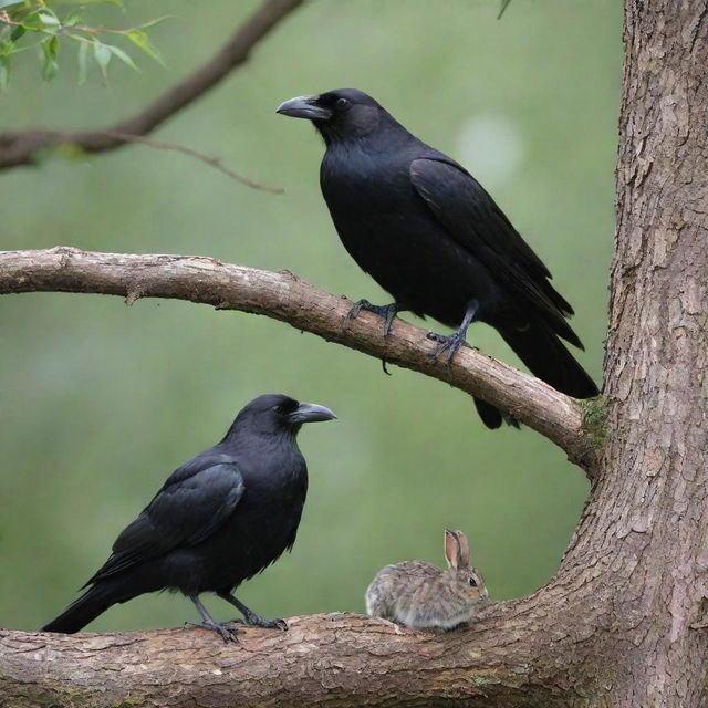 An age-old crow sharing a peaceful moment with a shy young rabbit under a rustic tree.