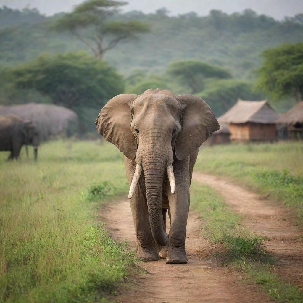 A majestic elephant gracefully roaming the rustic terrains of rural India, midst the backdrop of traditional Indian huts and lush green fields.