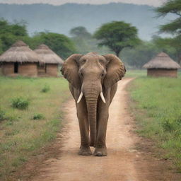 A majestic elephant gracefully roaming the rustic terrains of rural India, midst the backdrop of traditional Indian huts and lush green fields.