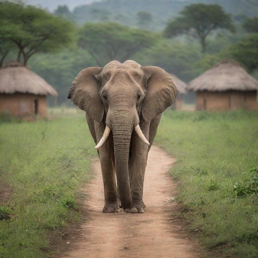 A majestic elephant gracefully roaming the rustic terrains of rural India, midst the backdrop of traditional Indian huts and lush green fields.