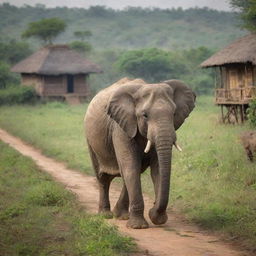 A majestic elephant gracefully roaming the rustic terrains of rural India, midst the backdrop of traditional Indian huts and lush green fields.