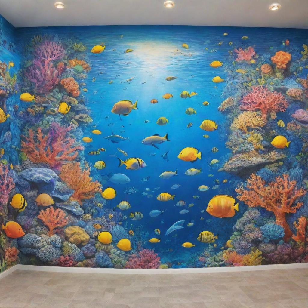 A detailed, vibrant mural on a wall with a sea theme, incorporating elements of coral reefs, diverse marine life, and oceanic landscapes.