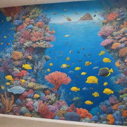 A detailed, vibrant mural on a wall with a sea theme, incorporating elements of coral reefs, diverse marine life, and oceanic landscapes.