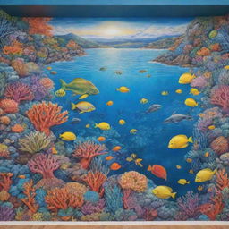 A detailed, vibrant mural on a wall with a sea theme, incorporating elements of coral reefs, diverse marine life, and oceanic landscapes.