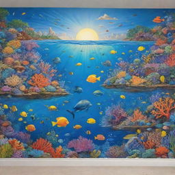 A detailed, vibrant mural on a wall with a sea theme, incorporating elements of coral reefs, diverse marine life, and oceanic landscapes.