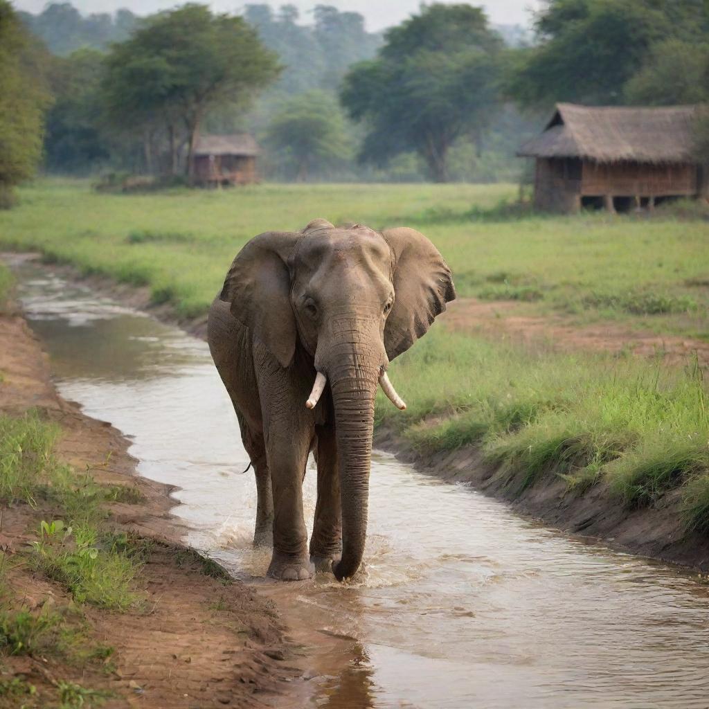 The majestic elephant ambling gracefully through the rustic terrains of rural India, now accompanied by a serene, flowing river, with traditional Indian huts and lush green fields in the backdrop.