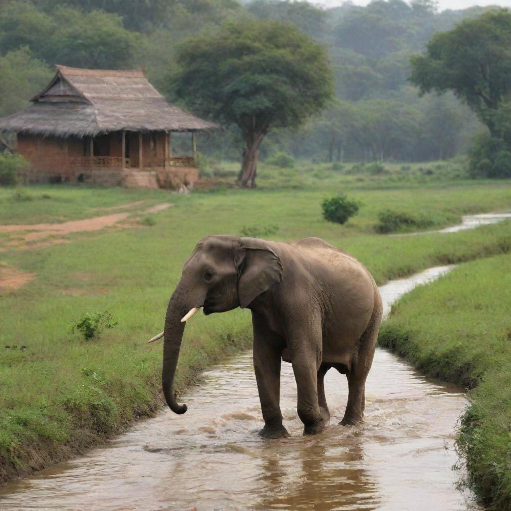 The majestic elephant ambling gracefully through the rustic terrains of rural India, now accompanied by a serene, flowing river, with traditional Indian huts and lush green fields in the backdrop.