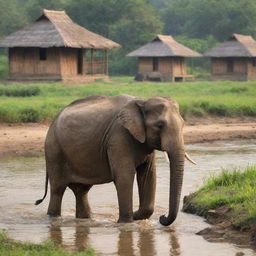 The majestic elephant ambling gracefully through the rustic terrains of rural India, now accompanied by a serene, flowing river, with traditional Indian huts and lush green fields in the backdrop.