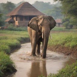 The majestic elephant ambling gracefully through rustic terrains of rural India, bordered by a serene river, traditional Indian huts, and lush fields. Behind this tranquil scene, the divine presence of Lord Ganesha is faintly visible in the background.