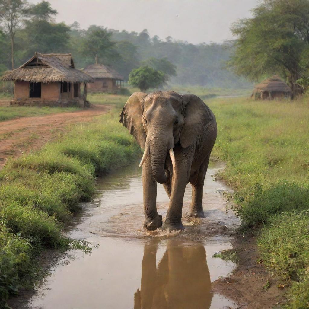 The majestic elephant ambling gracefully through rustic terrains of rural India, bordered by a serene river, traditional Indian huts, and lush fields. Behind this tranquil scene, the divine presence of Lord Ganesha is faintly visible in the background.