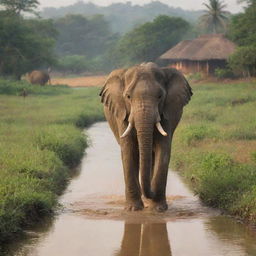 The majestic elephant ambling gracefully through rustic terrains of rural India, bordered by a serene river, traditional Indian huts, and lush fields. Behind this tranquil scene, the divine presence of Lord Ganesha is faintly visible in the background.