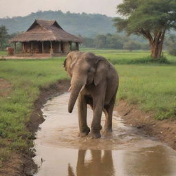 The majestic elephant ambling gracefully through rustic terrains of rural India, bordered by a serene river, traditional Indian huts, and lush fields. Behind this tranquil scene, the divine presence of Lord Ganesha is faintly visible in the background.