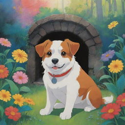 A charming dog in Studio Ghibli's anime style, vibrant colors with fantastical, whimsical elements.