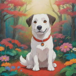 A charming dog in Studio Ghibli's anime style, vibrant colors with fantastical, whimsical elements.