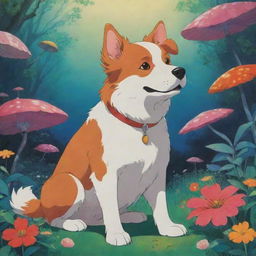 A charming dog in Studio Ghibli's anime style, vibrant colors with fantastical, whimsical elements.