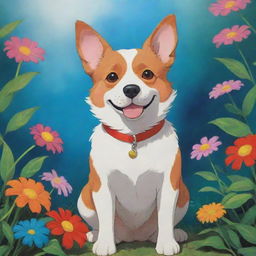 A charming dog in Studio Ghibli's anime style, vibrant colors with fantastical, whimsical elements.