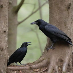 An aged crow making a gentle encounter with a timid young rabbit hiding in the shadow of a hollow tree