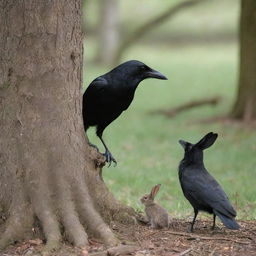 An aged crow making a gentle encounter with a timid young rabbit hiding in the shadow of a hollow tree